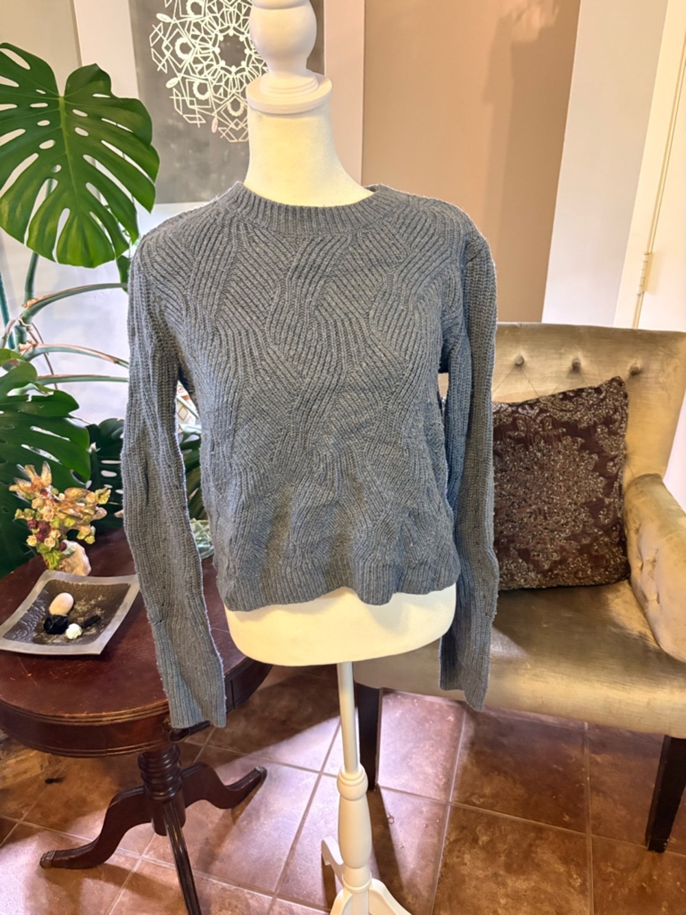 INTERMIX Cable-Knit Crewneck Sweater - Dusty Blue